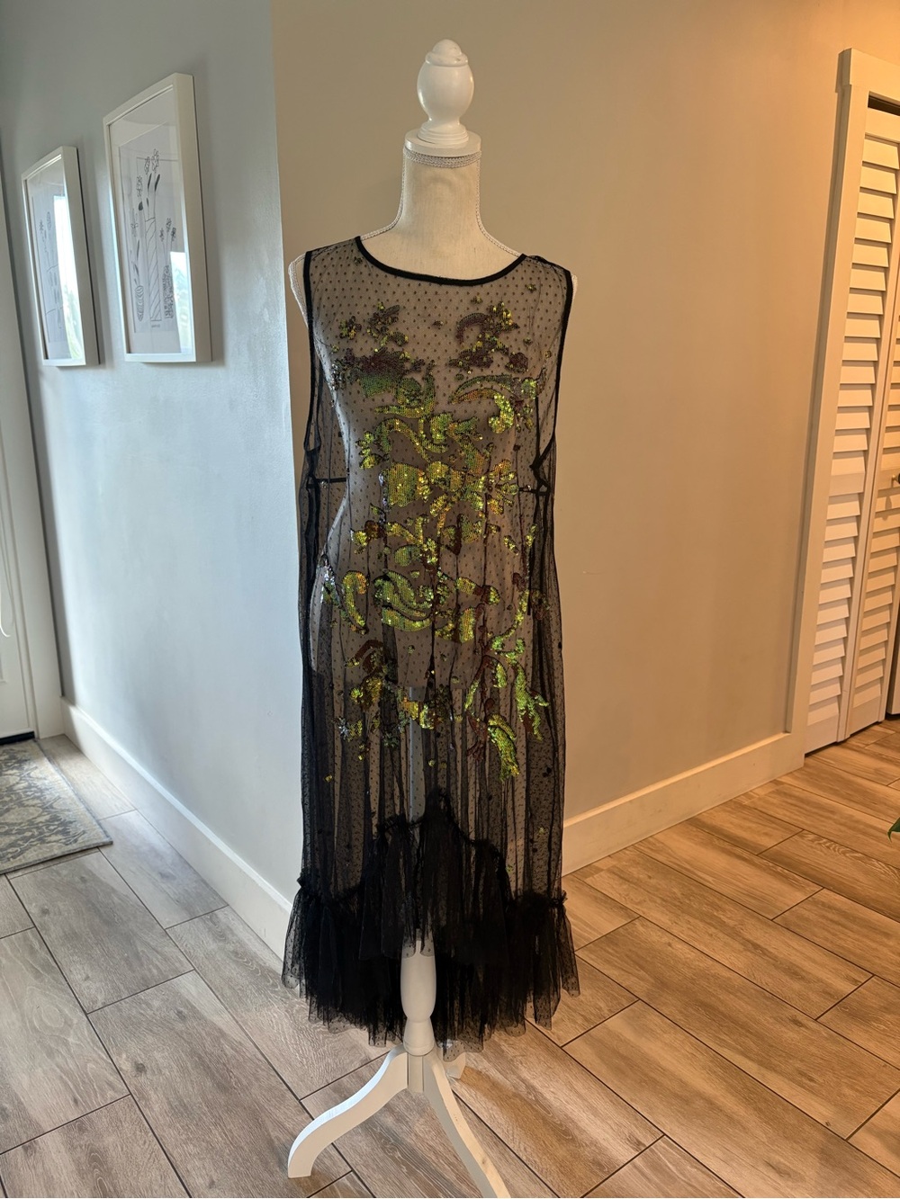 Free People Festival Black Sheer Mesh Dress with Green Sequin Embroidery, boho